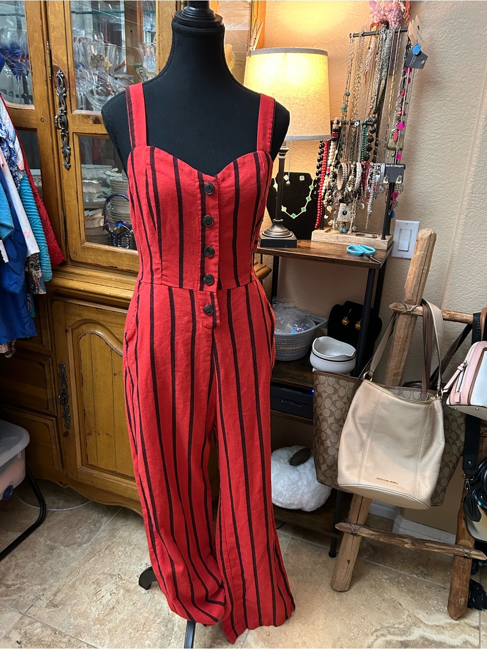 Ci Sono Red and Black Striped Strapless Jumpsuit